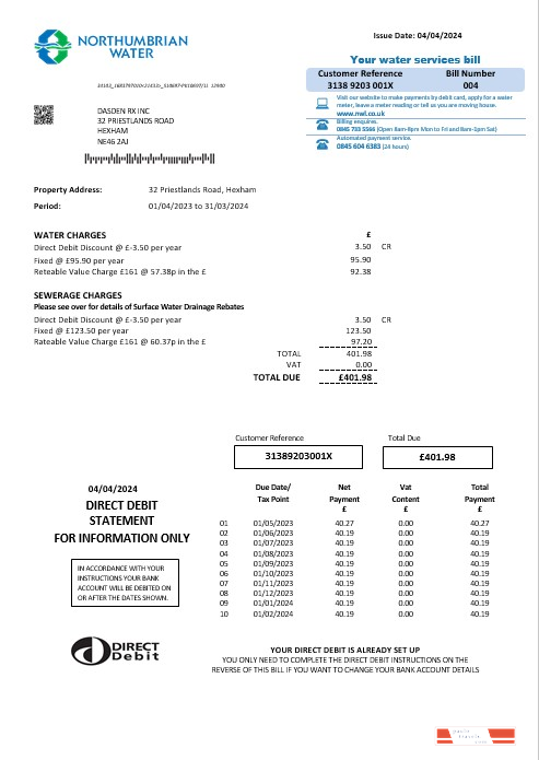 United Kingdom Northumbrian Water business utility bill template in Word and PDF formats, version 2